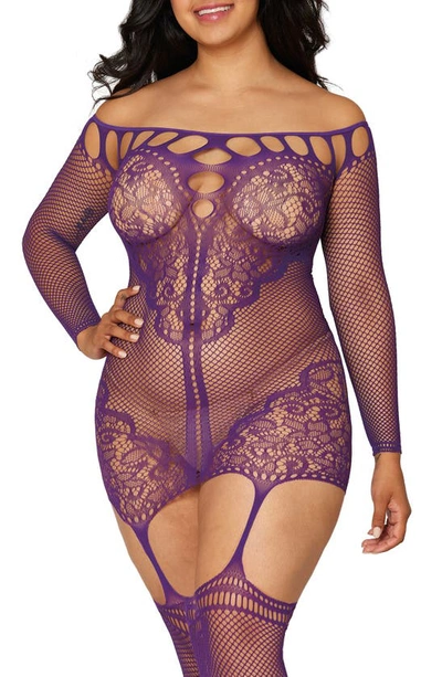 Shop Dreamgirl Fishnet Garter Dress With Thigh High Stockings In Aubergine