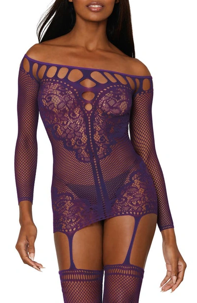 Shop Dreamgirl Lace & Fishnet Garter Dress With Thigh High Stockings In Aubergine