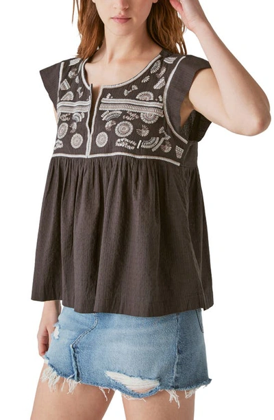 Shop Lucky Brand Embroidered Bib Cotton Top In Washed Black