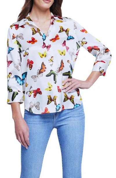 L'agence Dani Three Quarter Sleeve Butterfly Print Silk Blouse In White Multi Butterflies