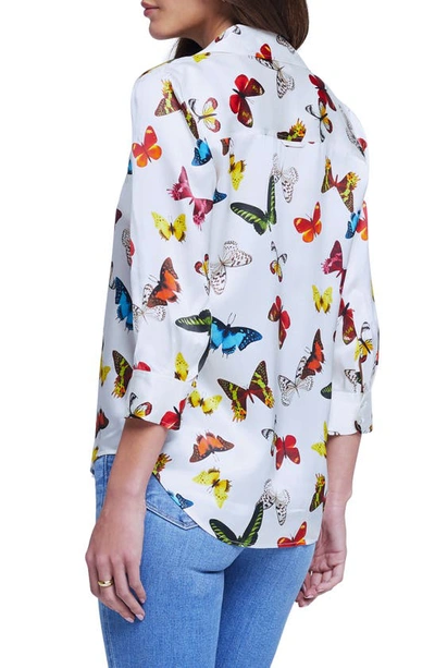 L'agence Dani Three Quarter Sleeve Butterfly Print Silk Blouse In White Multi Butterflies