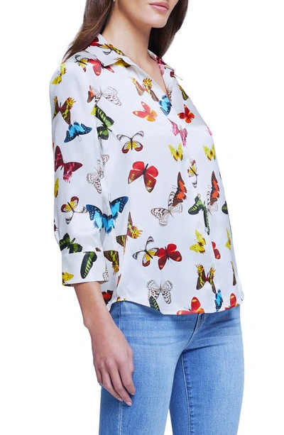 L'agence Dani Three Quarter Sleeve Butterfly Print Silk Blouse In White Multi Butterflies