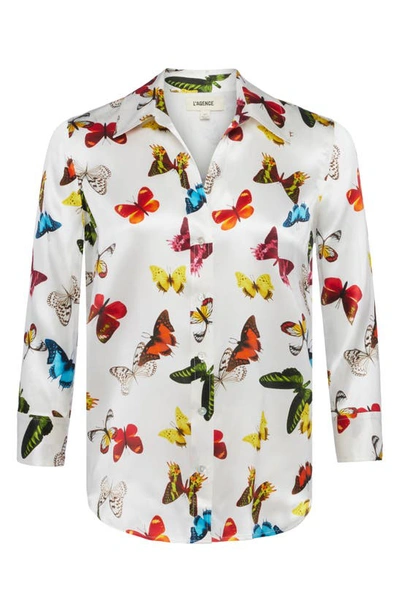 L'agence Dani Three Quarter Sleeve Butterfly Print Silk Blouse In White Multi Butterflies