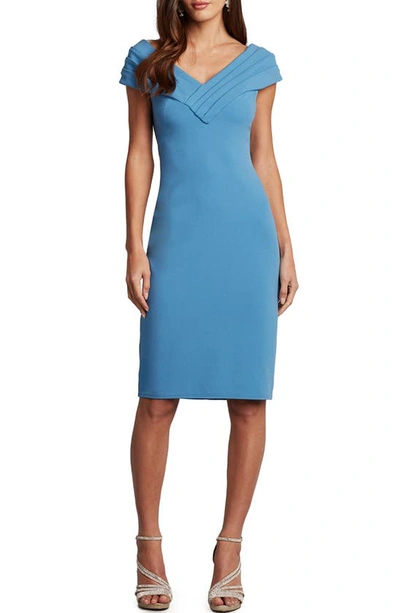 Shop Tadashi Shoji Pleated Cap Sleeve Crepe Sheath Dress In Cadet Blue