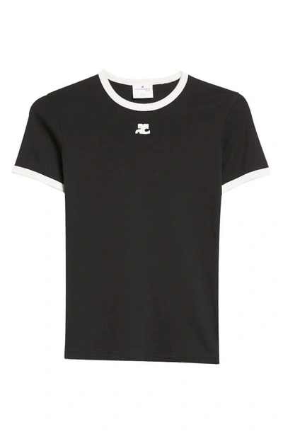 Shop Courrèges Bumpy Embroidered Logo Cotton T-shirt In Black/ Heritage White