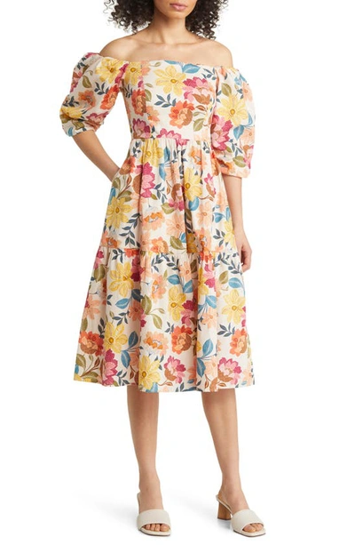Shop Vince Camuto Floral Off The Shoulder Stretch Cotton Midi Dress In Ivory Multi