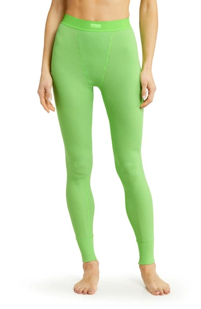 Cotton Rib Thermal Leggings In Neon Green