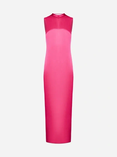 Shop Versace Satin Long Dress In Tropical Pink