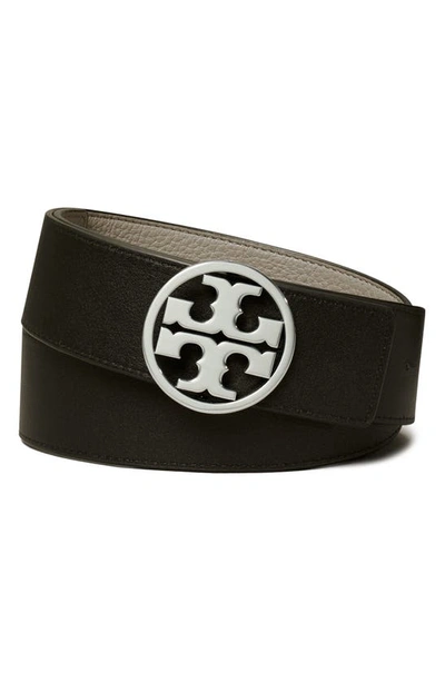 Shop Tory Burch Miller 1.5-inch Reversible Logo Belt In Gray Heron / Black / Silver