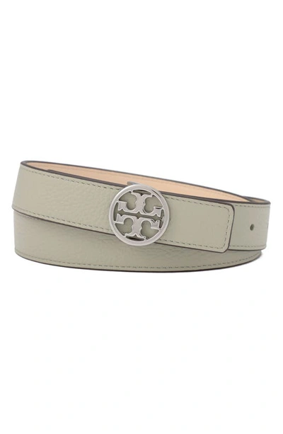Shop Tory Burch Logo Reversible Leather Belt In Pine Frost/ Cream/ Silver