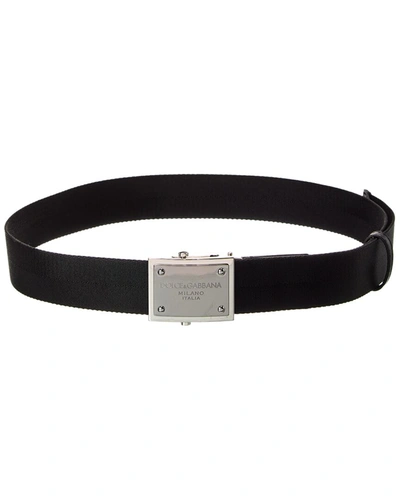Shop Dolce & Gabbana Branded Tag Tape Leather-trim Belt In Black
