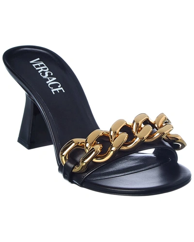 Shop Versace Chain Detail Leather Sandal In Black