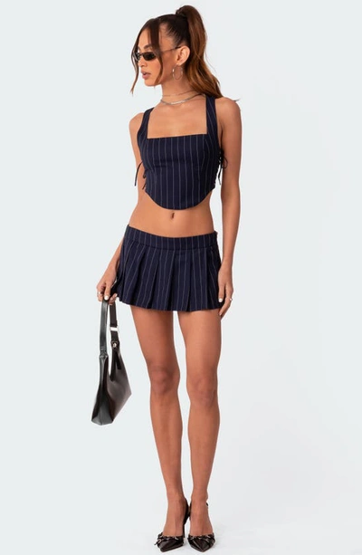Edikted Pinstripe Pleated Low Rise Miniskirt In Navy