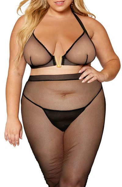 Dreamgirl Wireless Stretch Fishnet Bra & Slip Skirt Set In Black