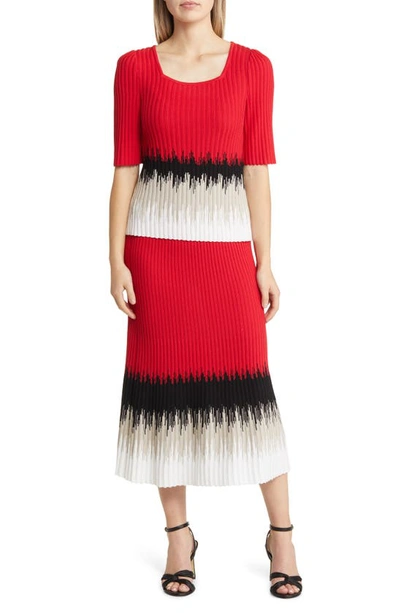 Ming Wang Ribbed Ombré Midi Skirt In P Red/lm/bwh