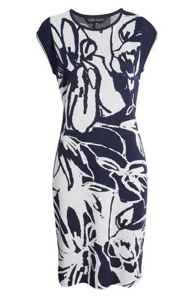 Shop Ming Wang Abstract Floral Knit Dress In Indigo/white