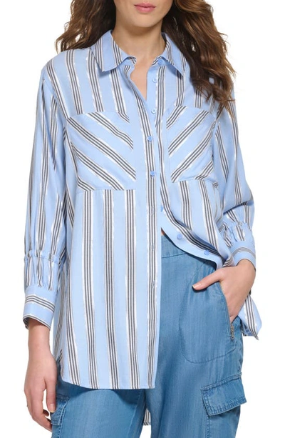 Oversize Stripe Cotton Blend Button-up Shirt In Frosting Blue Combo