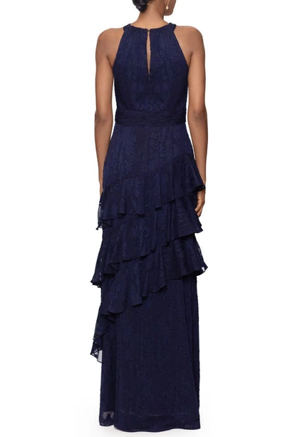 Xscape Ruffle Metallic Gown In Navy