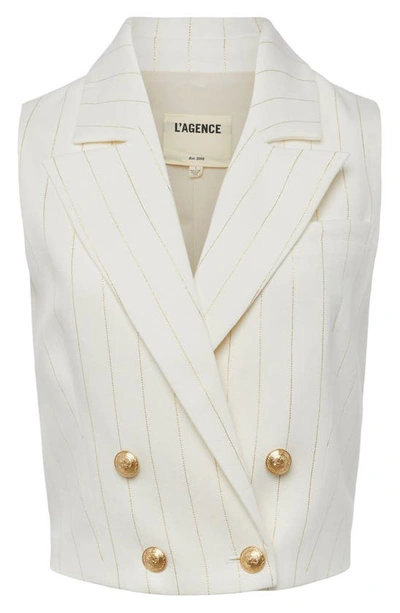 Shop L Agence Fable Pinstripe Double-breasted Linen Blend Vest In Ecru/ Gold