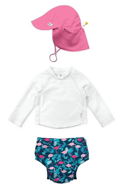 Shop Green Sprouts Sun Hat, Long Sleeve Rashguard & Reusable Swim Diaper Set In Navy Flamingos