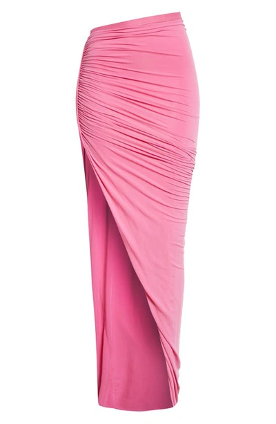 Shop Rick Owens Ruched High Slit Stretch Cupro Skirt With Train In Hot Pink