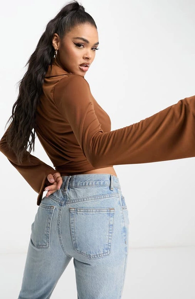 Asos Design Collared Long Sleeve Wrap Crop Top In Brown