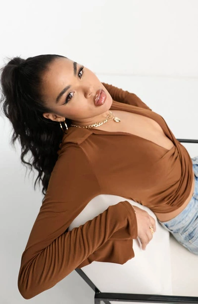 Asos Design Collared Long Sleeve Wrap Crop Top In Brown