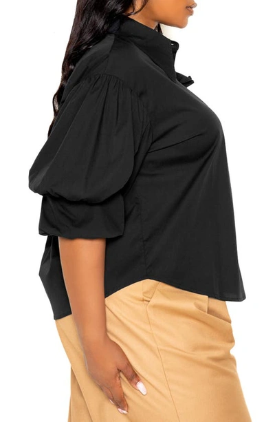 Shop Buxom Couture Puff Sleeve Cotton Blend Button-up Shirt In Black