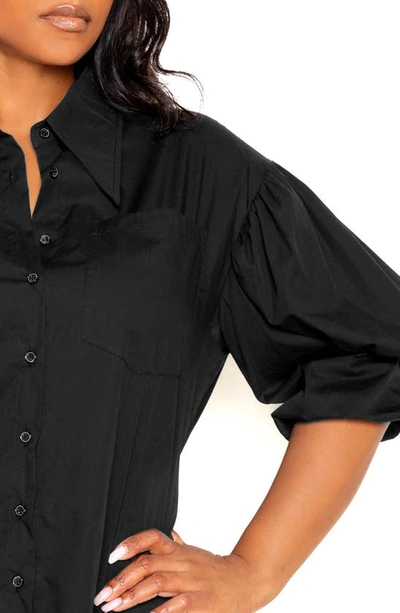 Shop Buxom Couture Puff Sleeve Cotton Blend Button-up Shirt In Black