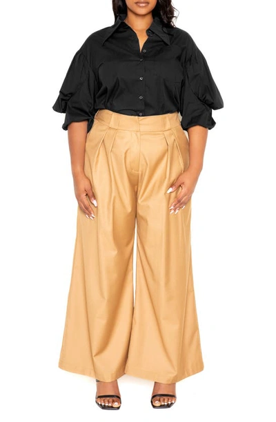 Buxom Couture Puff Sleeve Cotton Blend Button-up Shirt In Black