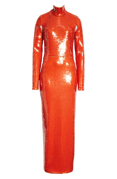 Shop Laquan Smith Sequin Mock Neck Long Sleeve Cutout Column Gown In Orange