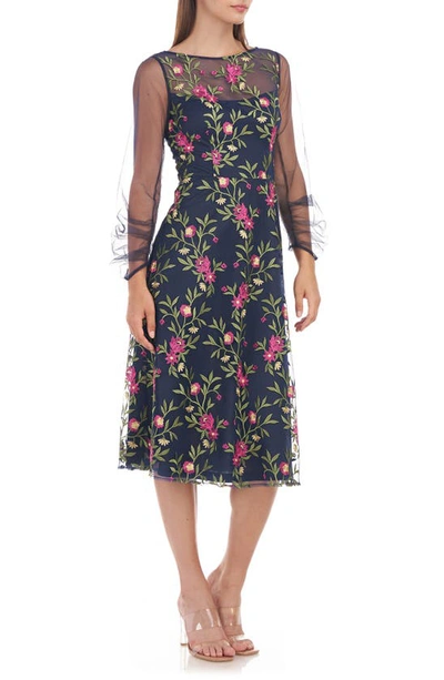 Shop Js Collections Evelyn Embroidered Illusion Long Sleeve Midi Dress In Navy Multi