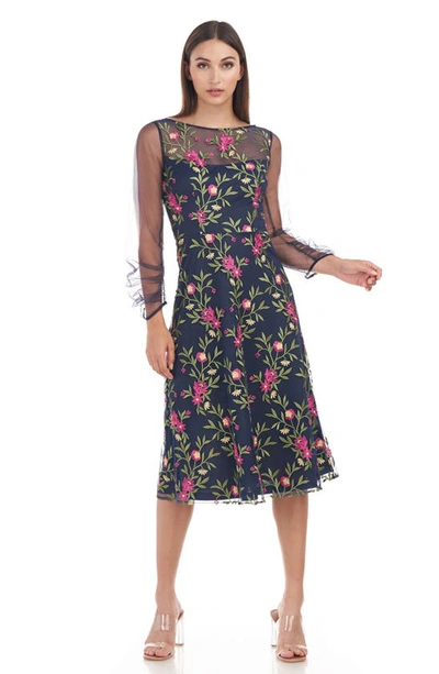 Shop Js Collections Evelyn Embroidered Illusion Long Sleeve Midi Dress In Navy Multi