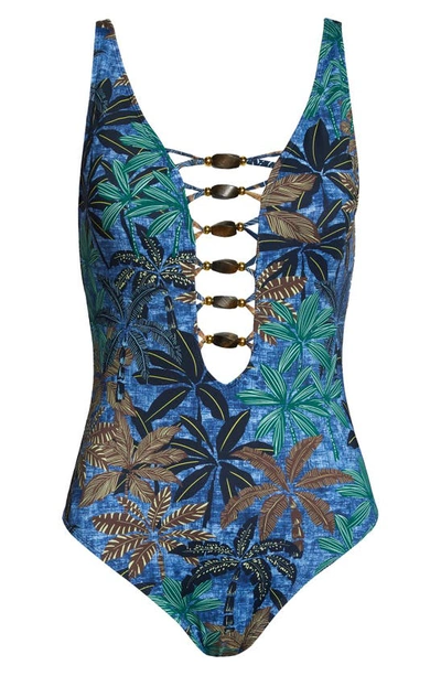 Shop Bleu By Rod Beattie Rod Beattie Plunge Neck One-piece Swimsuit In Navy Multi