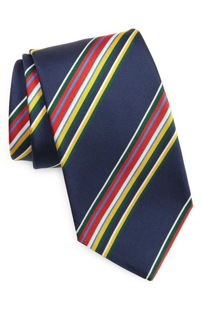 Shop Drake's Track Stripe Silk & Cotton Tie In Navy Multi