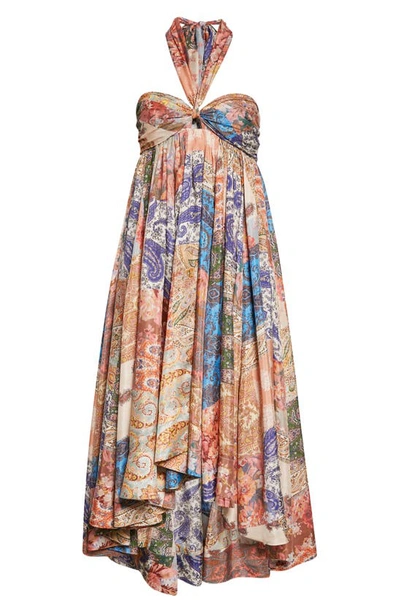 Shop Zimmermann Devi Mixed Print Halter Neck Silk Dress In Patch Paisley