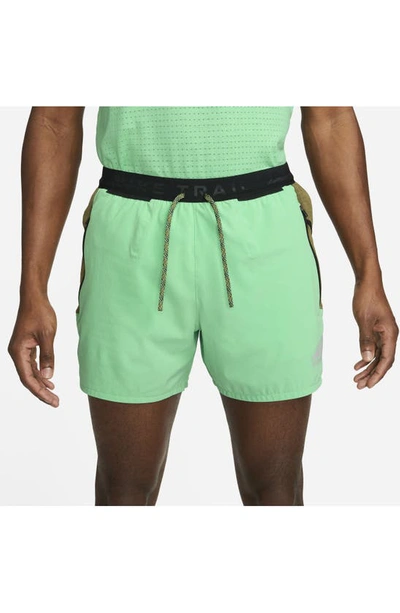Shop Nike Second Sunrise 5-inch Brief Lined Trail Running Shorts In Spring Green/ Olive/ White