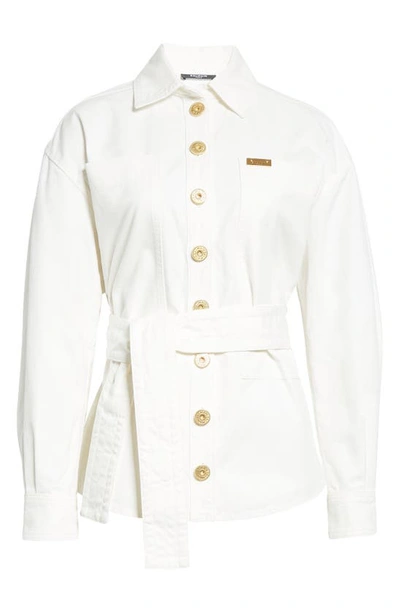 Shop Balmain Belted Cotton Denim Shirt Jacket In White