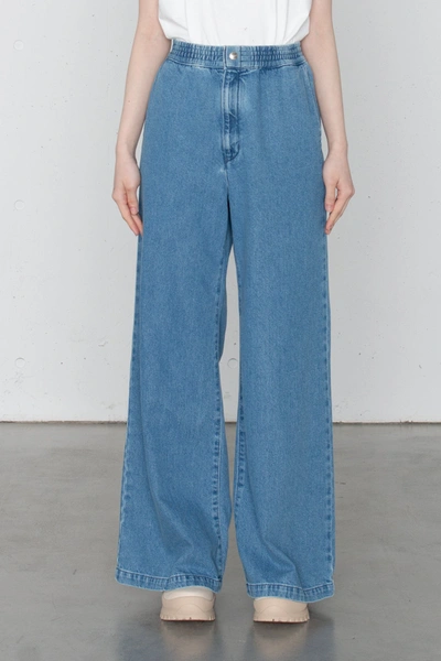 Women Denim Wide Leg Pants In Used Wash Blue
