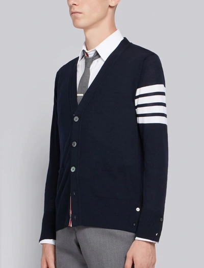 Shop Thom Browne Men Classic V-neck Cardigan In Sustainable Fine Merino Wool In 415 Navy