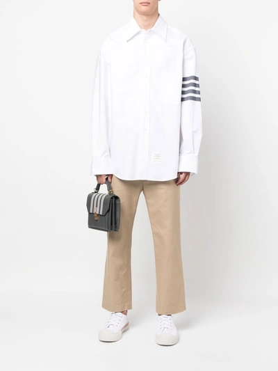 Shop Thom Browne Men Oversized Long Sleeve Button Down Shirt In Solid Oxford With Woven 4 Bar In 415 Navy