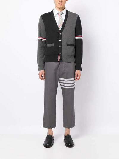 Shop Thom Browne Men Milano Stitch V-neck Cardigan W/ Rwb Stripe In Cotton In 982 Tonal Grey