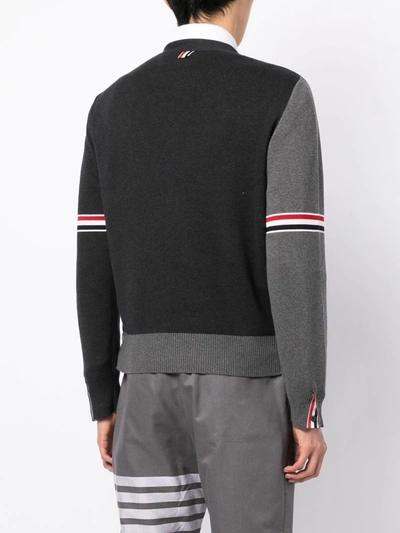 Shop Thom Browne Men Milano Stitch V-neck Cardigan W/ Rwb Stripe In Cotton In 982 Tonal Grey