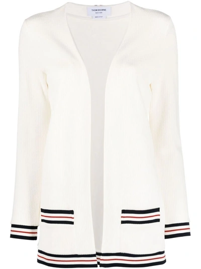 Shop Thom Browne Women Hip Length V Neck Cardigan W/ Rwb Cricket Stripe In Light Weight Textured Cotton In 100 White