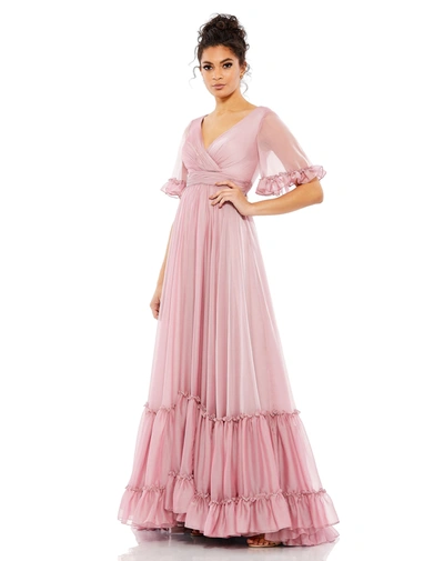 Shop Mac Duggal Butterfly Ruffle Trimmed Sleeve Wrap Over Flowy Gown In Rose