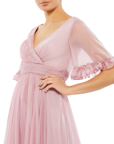 Shop Mac Duggal Butterfly Ruffle Trimmed Sleeve Wrap Over Flowy Gown In Rose