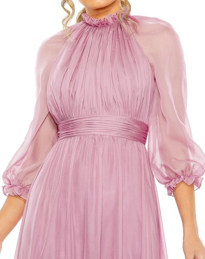 Shop Mac Duggal Chiffon Ruched Illusion Raglan Sleeve Ruffled Gown In Vintage Lilac