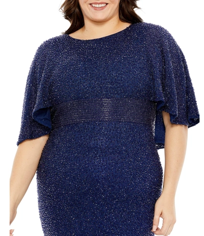 Mac Duggal Navy Embellished Cape Sleeve Gown (plus) In Midnight