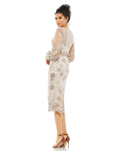 Mac Duggal Embellished High Neck Illusion Long Sleeve Midi Dress In Mocha In Mocha