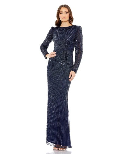 Shop Mac Duggal Embellished Puff Sleeve Side Knot Gown In Navy